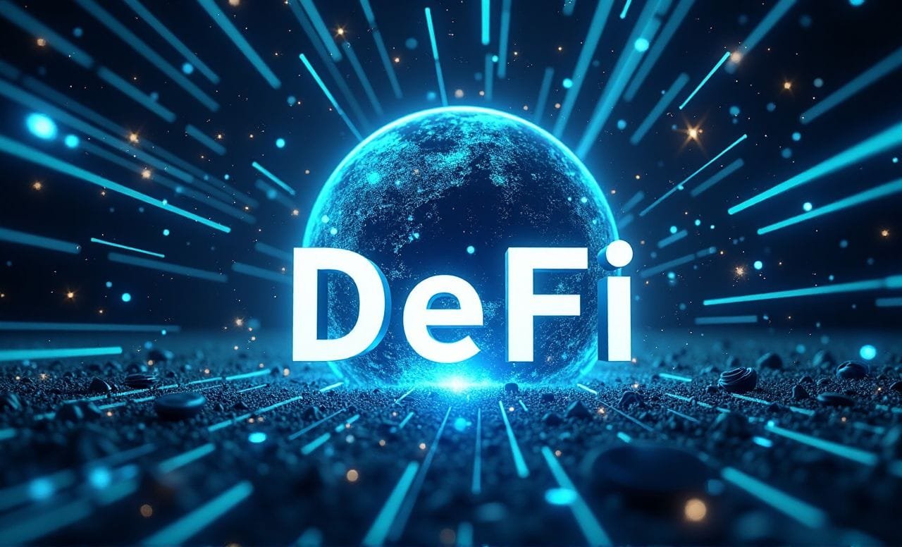 Representation of decentralized finance (DeFi) and financial independence, showcasing blockchain-powered financial solutions