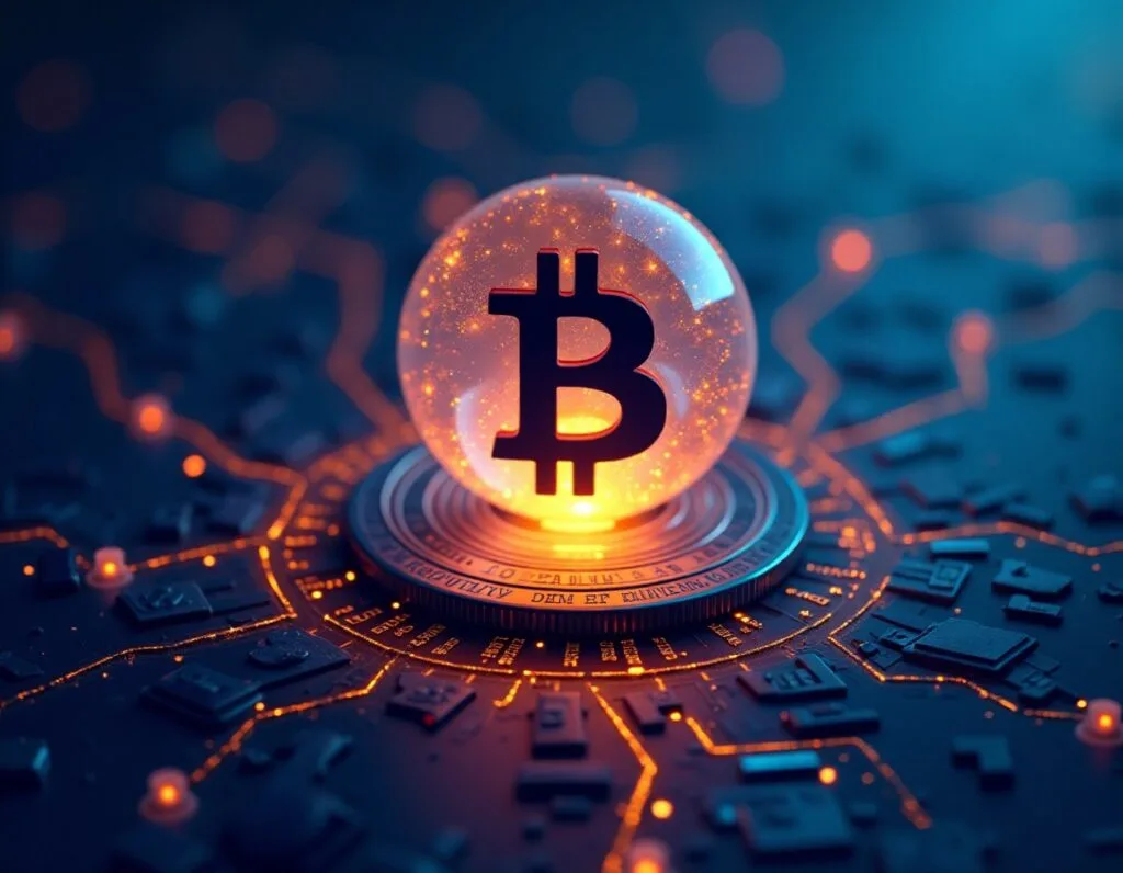 Representation of Bitcoin and cryptocurrency technology, showcasing digital transactions on a blockchain network.