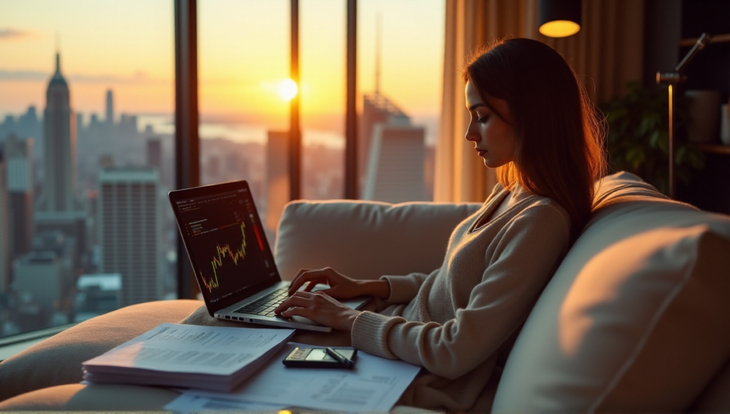 "A serene individual sits on a plush couch, holding a laptop displaying a cryptocurrency trading platform, with financial documents nearby, amidst a dimly lit modern living room with city skyline views."