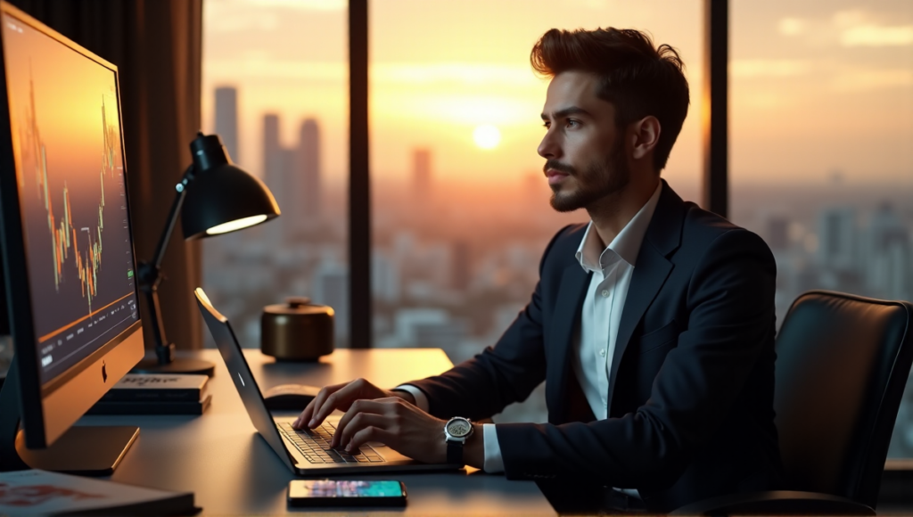 "A young professional sits calmly in a modern home office, surrounded by screens displaying real-time market data and charts, with a Bitcoin-shaped watch on their wrist, near a laptop open to an online trading platform, showcasing blockchain basics."