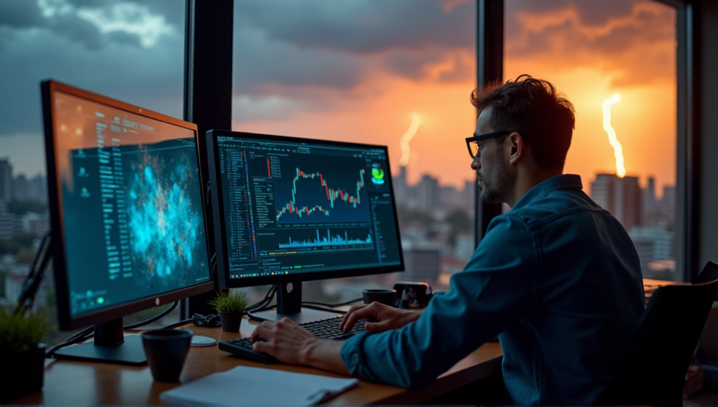 "A person intensely focuses on cryptocurrency trading and blockchain security solutions amidst a brewing storm outside, with cluttered desk and dimly lit room."
