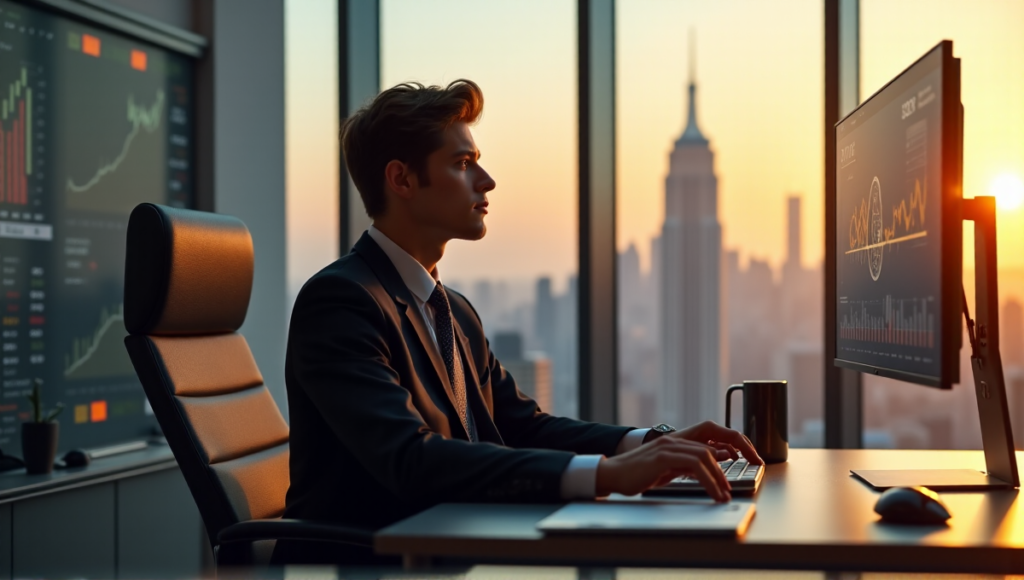 "A young professional sits confidently at a desk, eyes fixed on an NFT art piece displayed on a large computer screen, surrounded by digital asset management tools in a modern office with a city skyline view."