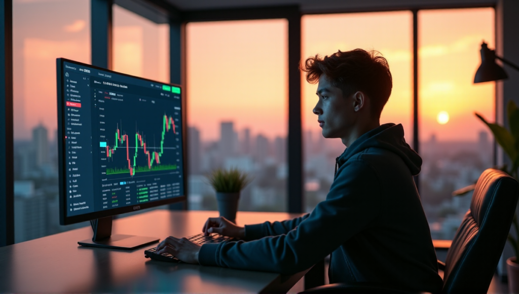 "A young adult sits in a modern home office, intensely studying cryptocurrency market trends on a large monitor displaying a blockchain trading dashboard."