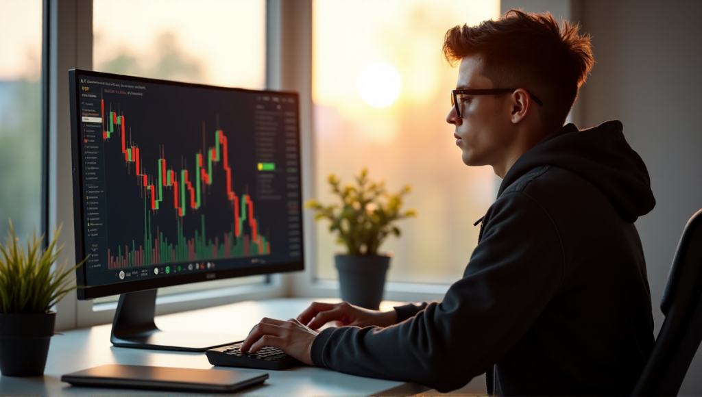 "A young adult intensely studies cryptocurrency market trends on a computer screen with AI-powered tools and financial books in a well-lit home office."