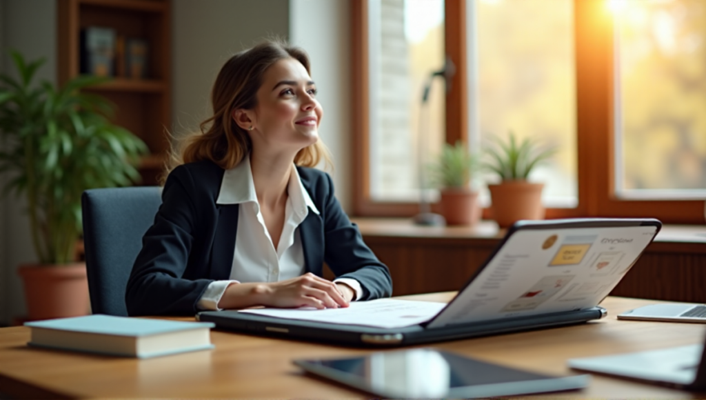 "A young woman sits at a wooden desk surrounded by educational materials, gently holding a blockchain-enabled smart wallet displaying her digital certificate of achievement."