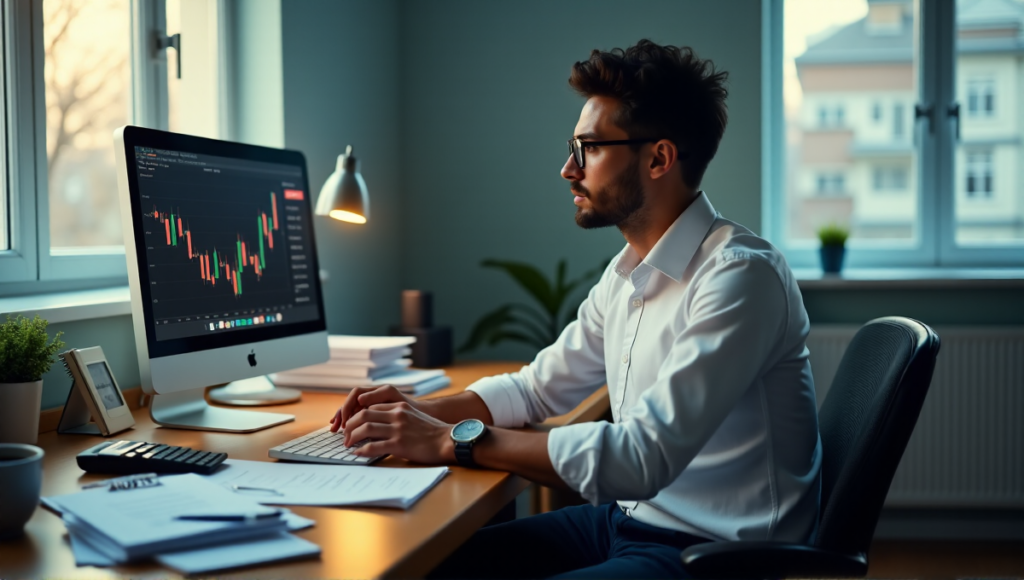 "A person sits at a wooden desk, surrounded by financial documents and computer screens displaying cryptocurrency charts and tax software, with a calm focus on their face as they work through complex crypto tax returns."