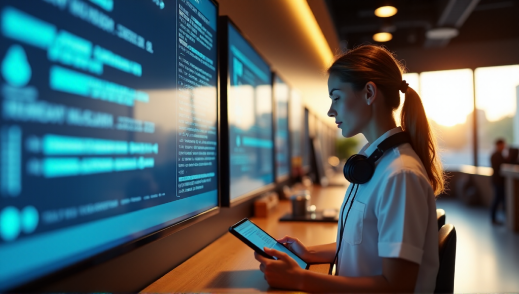 A modern e-commerce store's interior at dusk, featuring a female cashier processing a blockchain-secured transaction on her tablet amidst warm golden hour lighting.