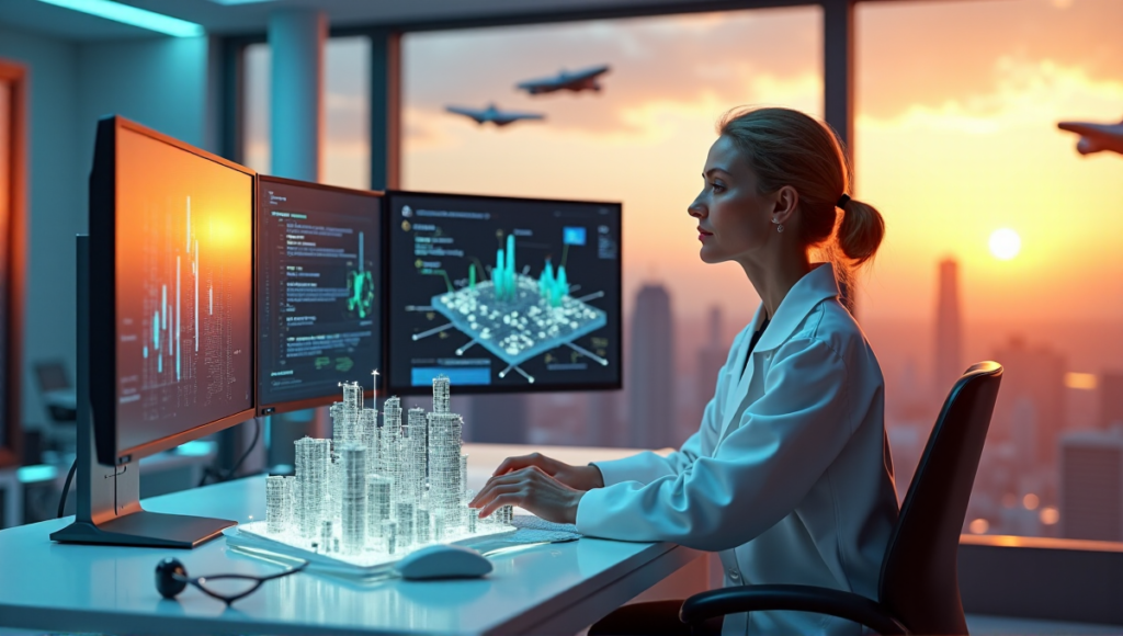 "A middle-aged woman in a lab coat sits confidently at a desk with multiple screens displaying complex algorithms and data visualizations, surrounded by blockchain technology nodes."