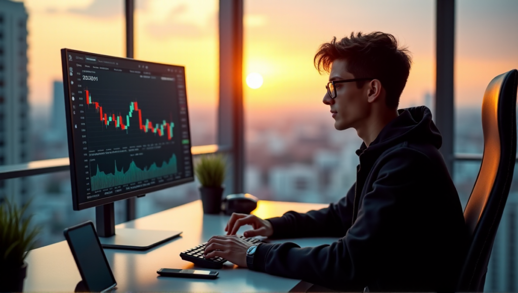 "A young adult sits in a modern home office, intensely focused on cryptocurrency trading using AI-powered tools and blockchain technology, surrounded by gadgets and a breathtaking cityscape view."