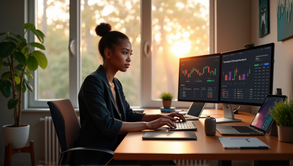 "A professional individual sits at a wooden desk, surrounded by cryptocurrency-related items, with a large screen displaying a DeFi investment portfolio behind them."