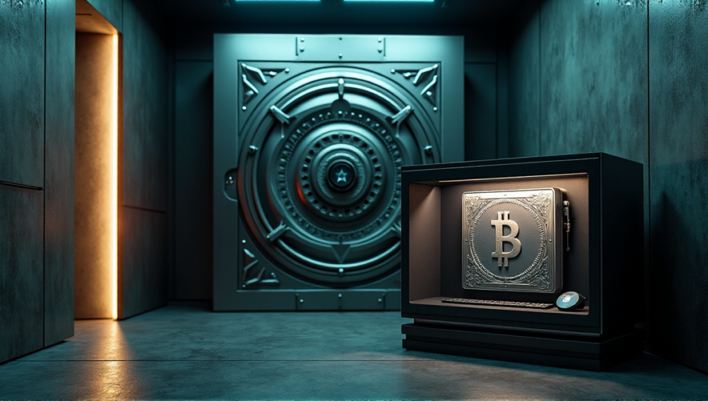 "A secure, high-tech safe room with a metallic door and digital lock, illuminated by blue-green LED lighting, housing a sleek computer workstation and a glass-enclosed cryptocurrency wallet."