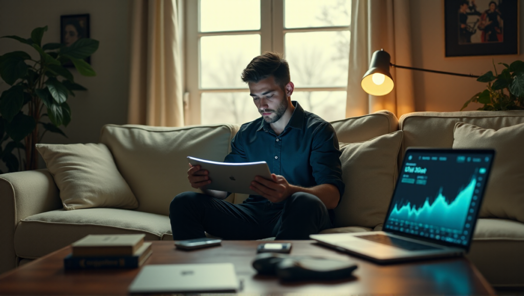 "A person sits on a cream-colored couch, holding a Ledger device with calm focus, surrounded by cryptocurrency accessories in a dimly lit room with soft natural light."