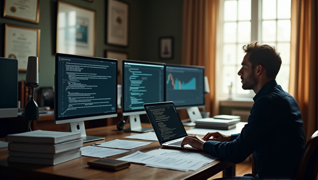 "A person sits at a wooden desk, intensely focused on tax software and cryptocurrency charts, surrounded by financial literature and diplomas."