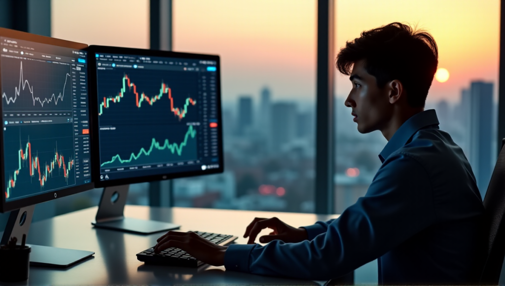 "A young adult sits in a home office, poised to make an investment decision amidst cryptocurrency charts, blockchain diagrams, and financial news feeds on multiple screens."