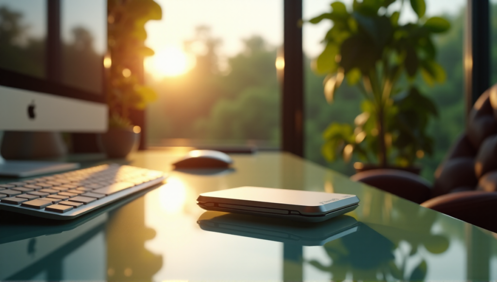 "A serene home office setup featuring a Ledger cryptocurrency wallet on a minimalist desk amidst lush greenery and high-end tech gadgets in warm golden light."