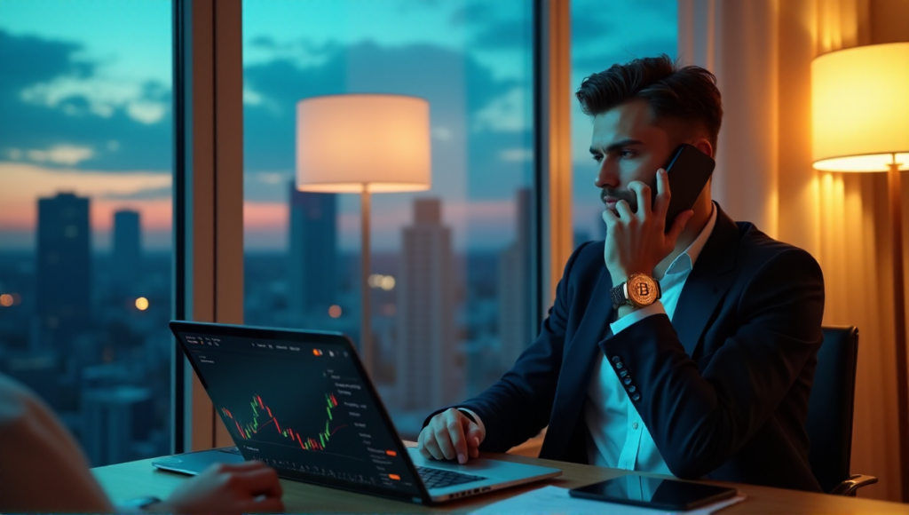 "A young professional sits in a minimalist home office, focused on cryptocurrency trading, with a laptop displaying a blockchain platform and a tablet showing market values."