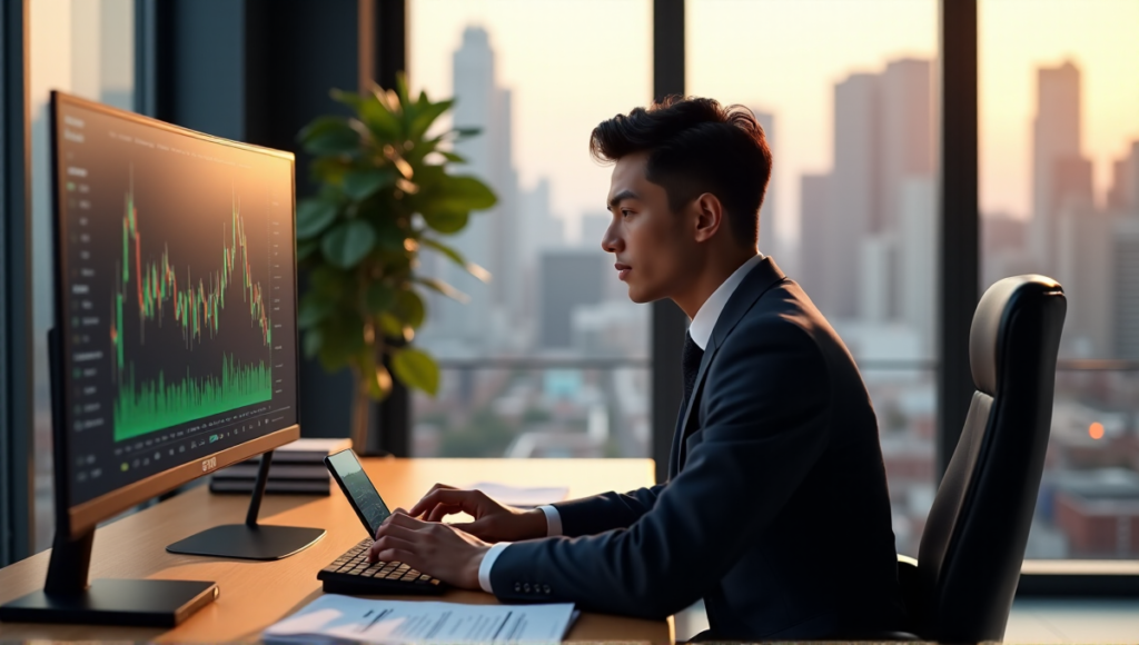 "A young adult in a modern office setting, focused on cryptocurrency trading with a smartphone and computer monitor, surrounded by financial resources."