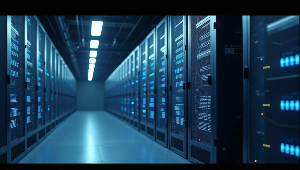 "A sleek silver cloud storage server with an integrated blockchain module in a dimly lit data center, conveying trust and reliability through advanced security features."