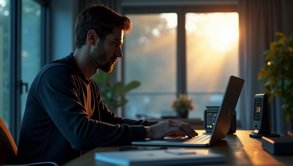 "A person securely stores cryptocurrency in a high-tech safe within a luxurious home office, surrounded by modern computer hardware and subtle blue hues."