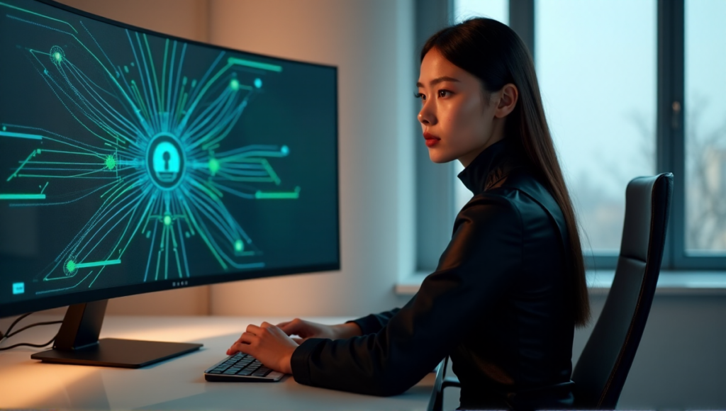 "A photorealistic image of a cybersecurity expert in front of a blockchain network diagram on a computer screen, conveying trust and expertise."