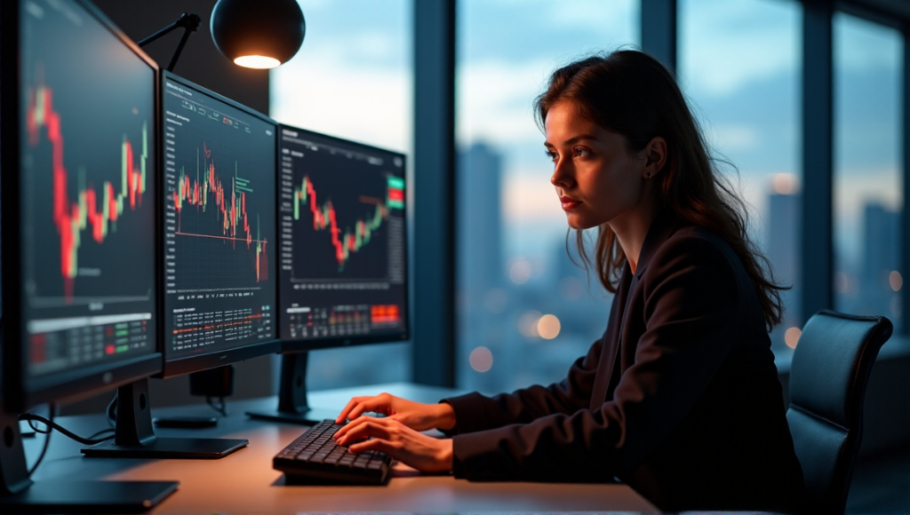"A young professional sits confidently in front of a high-tech computer setup, surrounded by cryptocurrency market charts and AI-powered trading tools, mastering blockchain basics with calm authority."