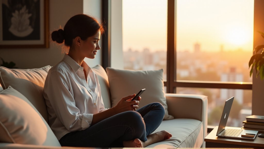 "A person sits comfortably on a cream-colored couch, cradling a silver cryptocurrency storage device, surrounded by modern decor and natural light, exuding calmness and trust in blockchain security."
