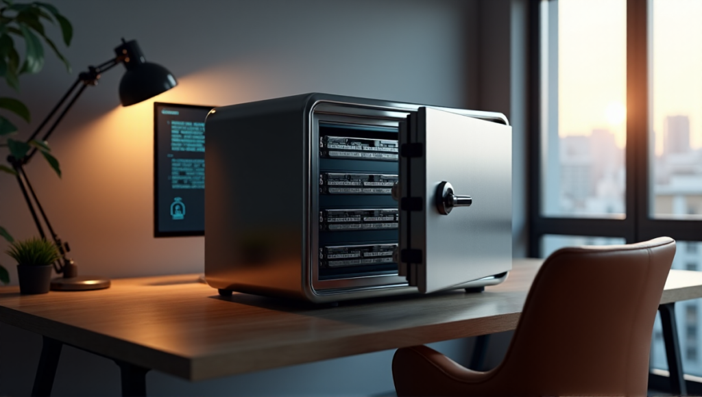 "A sleek, high-tech cryptocurrency storage safe made of polished stainless steel sits on a minimalist wooden desk in a modern home office, illuminated by soft natural light."