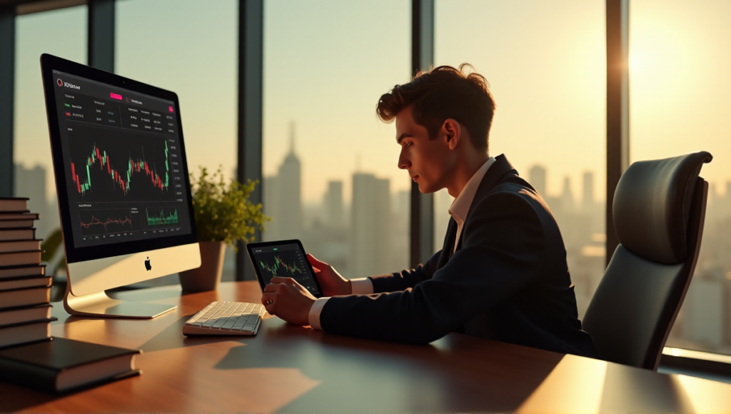 "A young adult in a business suit sits confidently at a desk, surrounded by books on blockchain technology and cryptocurrency investing strategies, intensely studying market trends."