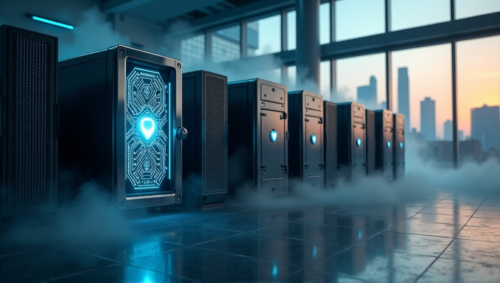 "A sleek silver cryptocurrency storage vault in a high-tech laboratory, protected by AI-powered blockchain security measures."
