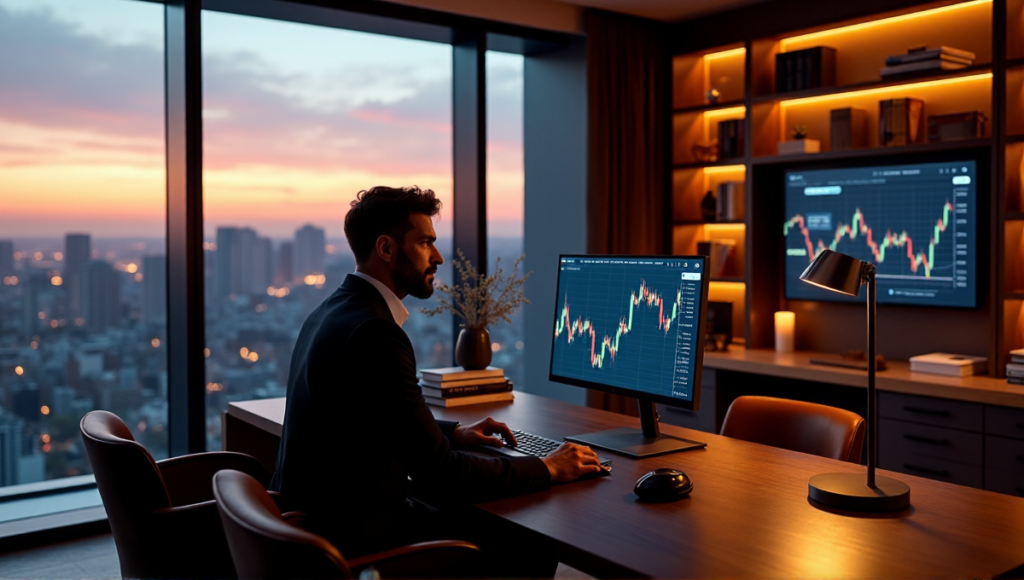 "A determined investor sits at a modern desk, surrounded by financial resources and cryptocurrency guides, with a large monitor displaying blockchain market charts."