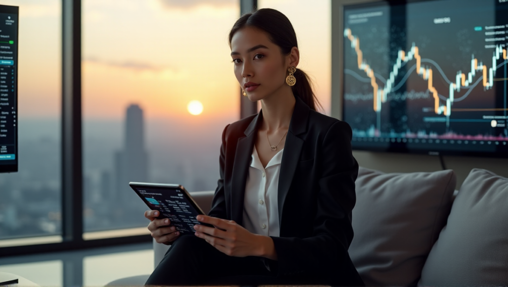 "A young woman confidently navigates DeFi on a futuristic tablet amidst blockchain patterns and cryptocurrency charts in a high-tech home office."