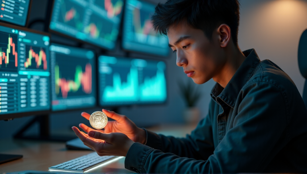 "A young adult sits confidently on a high-tech desk chair, surrounded by digital screens displaying cryptocurrency charts and blockchain analytics, gently holding a silver token representing a unique digital asset."