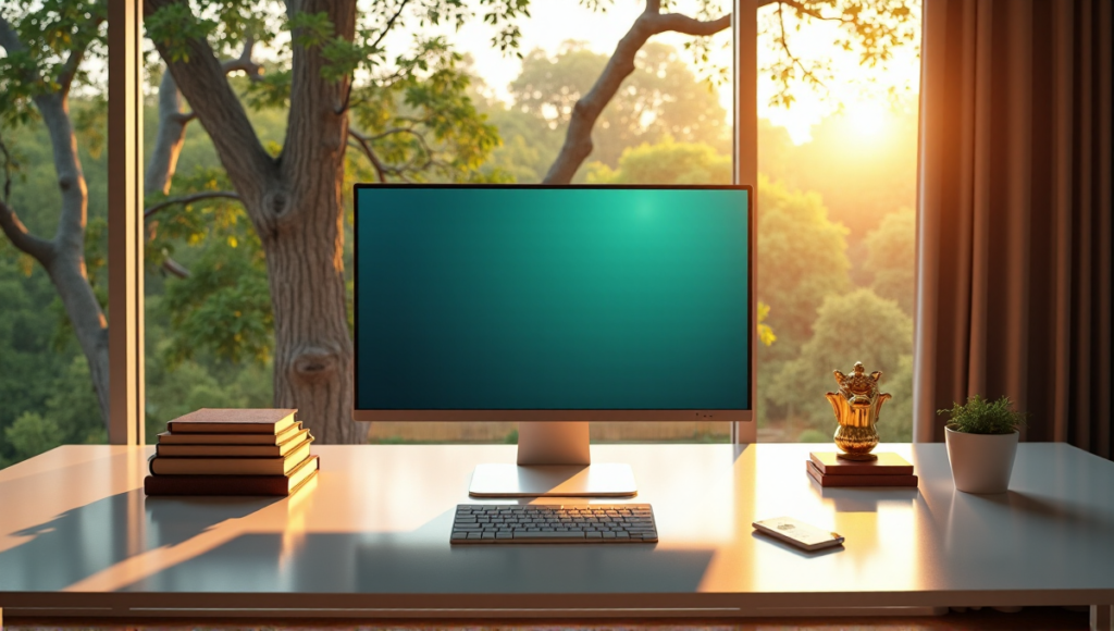 "A serene home office scene featuring a glass desk with cryptocurrency trading platform on a computer monitor, surrounded by investment books and a gold figurine, bathed in warm golden hour light with a lush forest view."