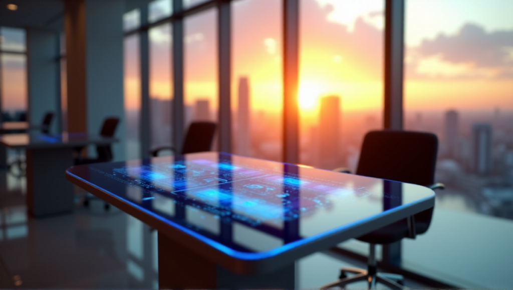 "A photorealistic image of a sleek cryptocurrency exchange terminal in a modern office setting with floor-to-ceiling windows, surrounded by blockchain technology."