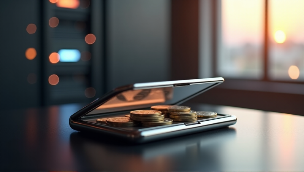 "A sleek silver cryptocurrency wallet on a dark wood desk in a modern office space with subtle blockchain technology hints and organized stablecoin tokens."