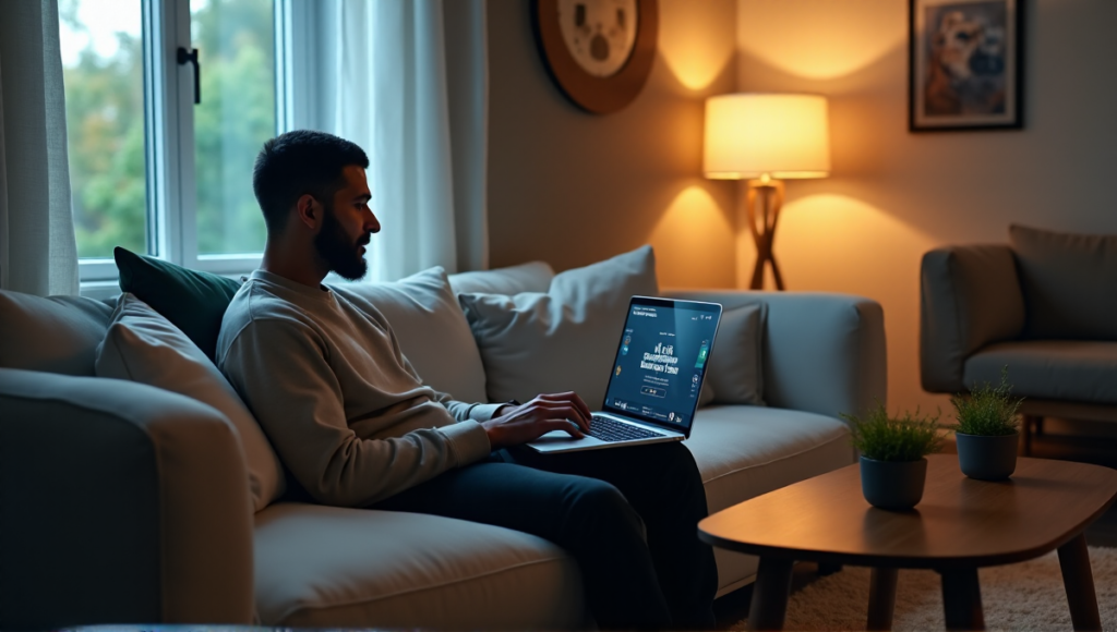 "A person sits comfortably on a cream-colored couch, intently focused on their laptop displaying a blockchain-based cryptocurrency staking interface."