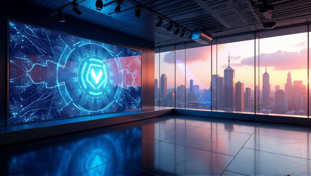 "A futuristic cryptocurrency exchange center with a large LED screen displaying blockchain transactions, surrounded by advanced security systems and a cityscape at dusk."