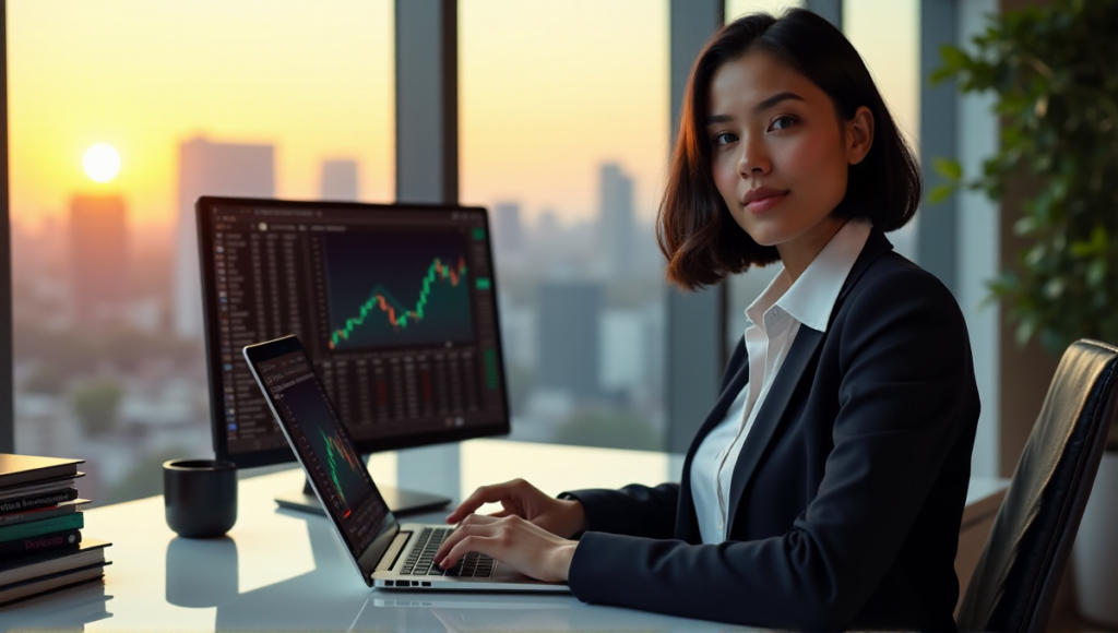 "A young woman sits confidently at a modern desk, analyzing cryptocurrency trends on her laptop, surrounded by DeFi-related items and a stunning cityscape view."