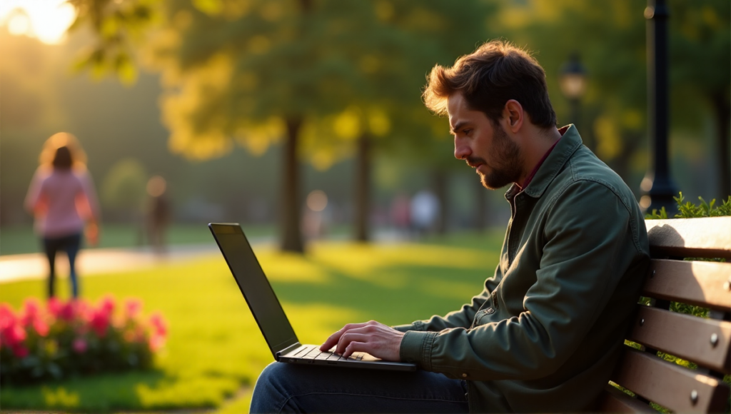 "A person sits on a public park bench intensely typing on their laptop while using public Wi-Fi to manage blockchain assets amidst lush greenery."