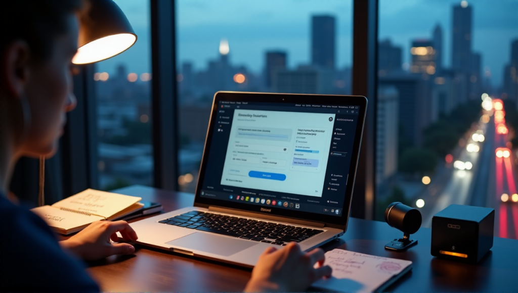"A person sits at a desk, intensely focused on their laptop displaying a cryptocurrency wallet, surrounded by security devices in a symmetrical composition."