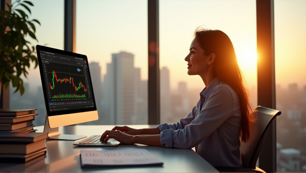 "A young woman sits confidently at a modern desk, surrounded by financial literature, gazing out a floor-to-ceiling window with warm sunlight pouring in, illuminated by blockchain-enabled DeFi trading on her laptop."