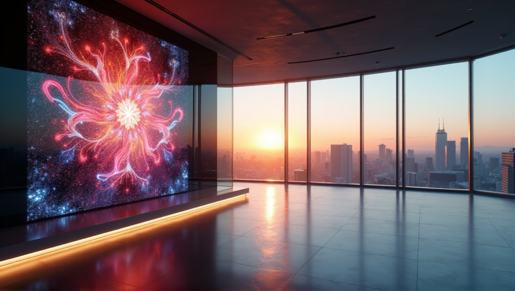 "A serene digital art gallery at sunset, featuring a stunning NFT artwork on an LED screen surrounded by soft white light, set against a cityscape backdrop."