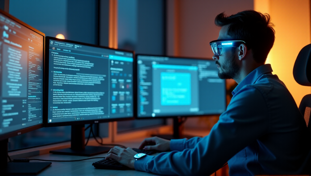 "A person sits confidently in front of a modern computer setup with multiple monitors displaying blockchain security software, wearing smart glasses with real-time alerts."