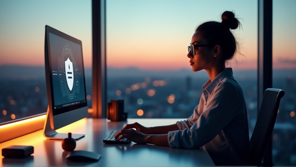 "A young woman sits confidently at a modern desk, surrounded by cryptocurrency security devices, wearing smart glasses and holding a secure phone, in a well-lit office with a cityscape view."
