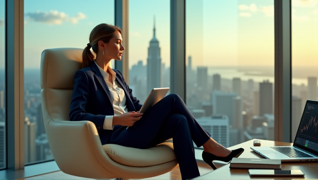 A young woman sits confidently in a luxurious office space, surrounded by high-tech gadgets and financial screens displaying blockchain-based DeFi charts, with her hands on a cryptocurrency wallet and tablet.