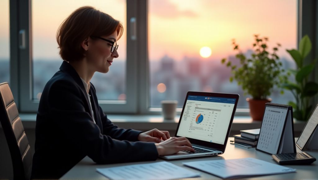 "A person in a home office setting, surrounded by financial documents, using cryptocurrency tax software on their laptop, with a cityscape visible through large windows."