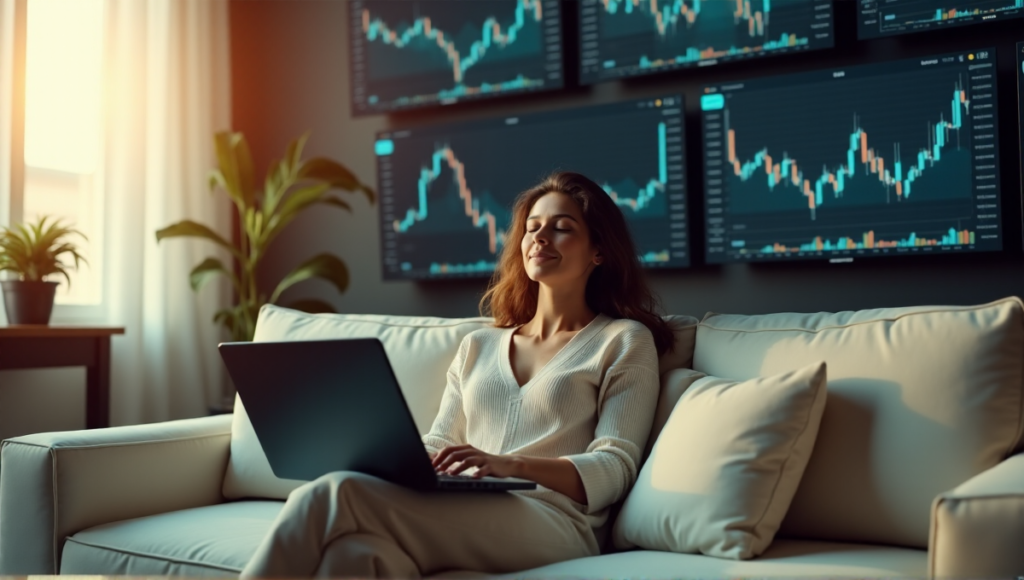 "A serene woman sits on a cream-colored couch in her modern home office, surrounded by screens displaying cryptocurrency charts and graphs, with a laptop open on her lap, set against warm natural light."