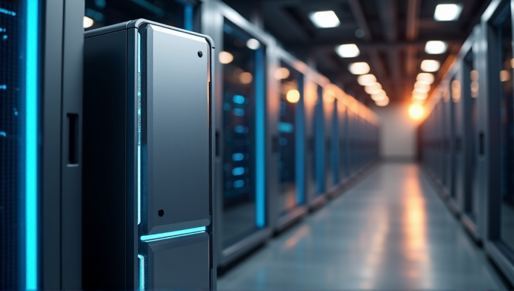 "A sleek, silver blockchain server in a data center, highlighted by soft natural light, with intricate details and glowing blue LED lights."