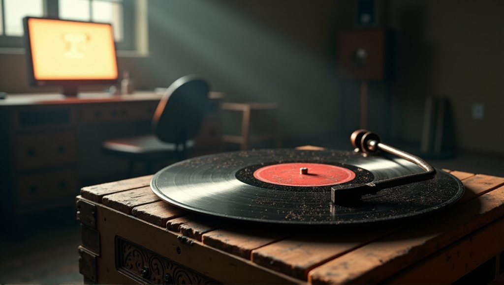 "A weathered vinyl record sits on a wooden crate in an abandoned music studio, with a blockchain transaction displayed on a computer screen in the background."