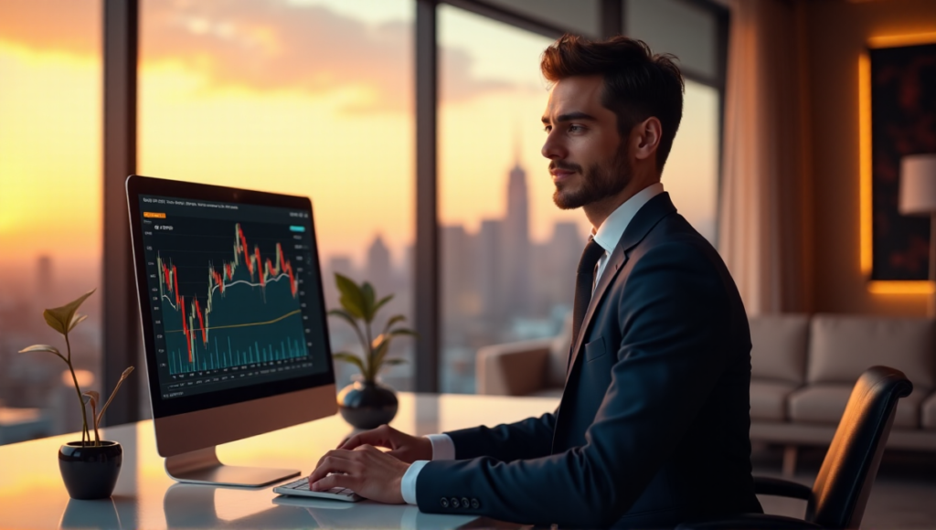 "A young professional sits confidently at a modern desk, gazing at cryptocurrency price graphs and blockchain investment charts on a large computer screen."